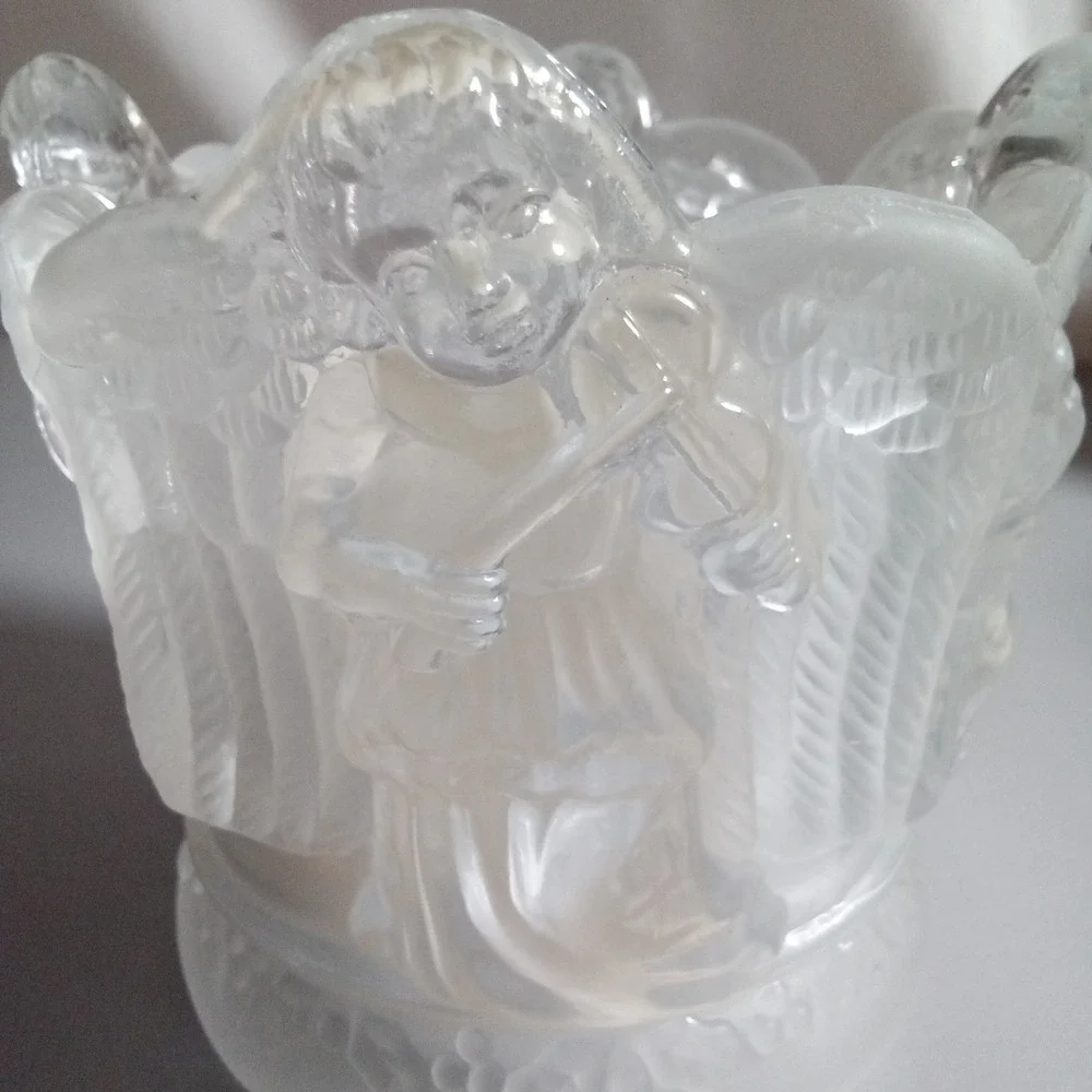 Frosted Glass Musical Angel Votive Candle Holder Cherub Relief 4.5 Inch